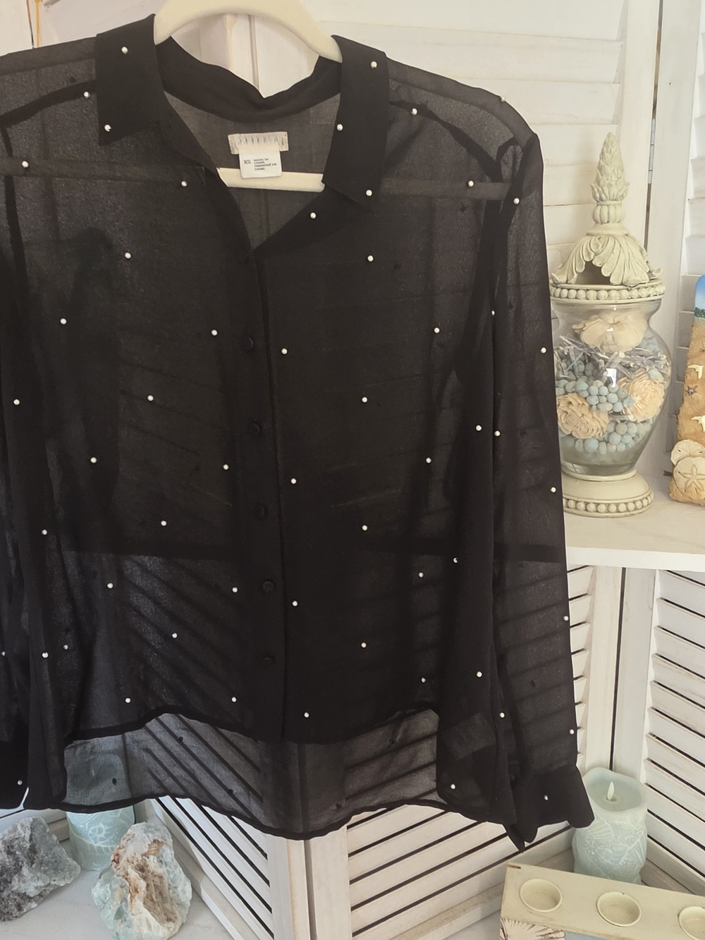 Cooperative XS Sheer Pearl Button Front Blouse Black Long Sleeve Studded Mesh